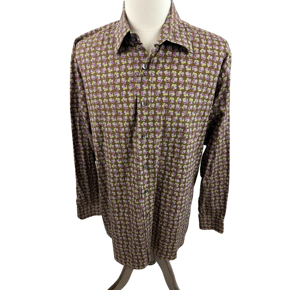 Dunhill Mens Brown Paisley Cotton Button Down Shirt Long Sleeve Size Large Japan
